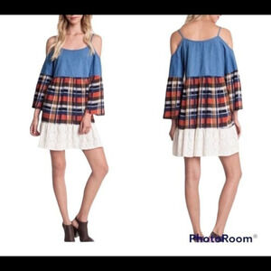 Umgee Plaid About Denim Cold‎ Shoulder Bell Sleeve